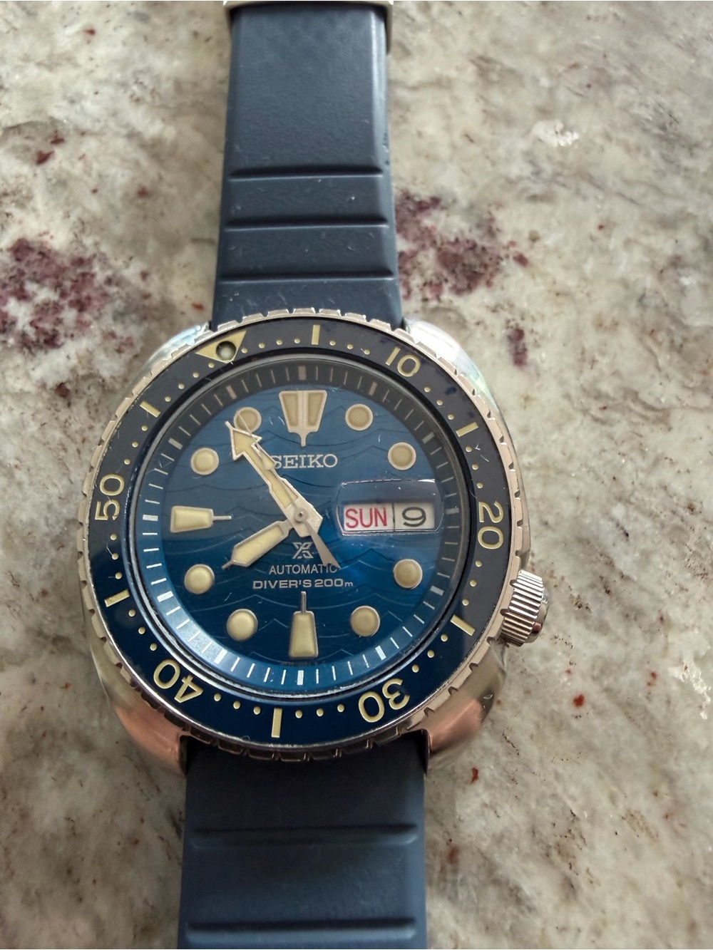 Seiko Blue Dial Automatic Diver Watch with Gold Accents